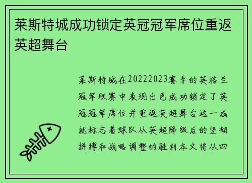 莱斯特城成功锁定英冠冠军席位重返英超舞台 莱斯特城成功锁定英冠冠军席位重返英超舞台