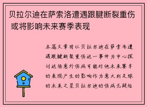 贝拉尔迪在萨索洛遭遇跟腱断裂重伤 或将影响未来赛季表现
