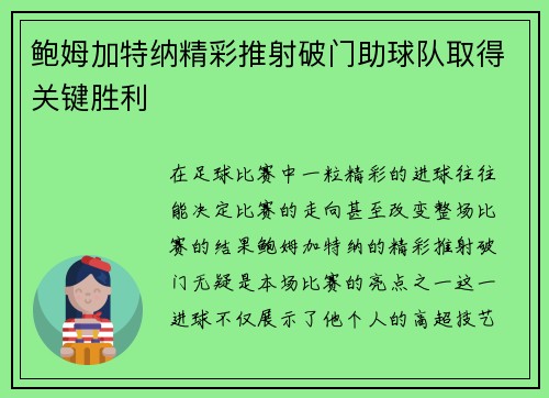 鲍姆加特纳精彩推射破门助球队取得关键胜利 鲍姆加特纳精彩推射破门助球队取得关键胜利